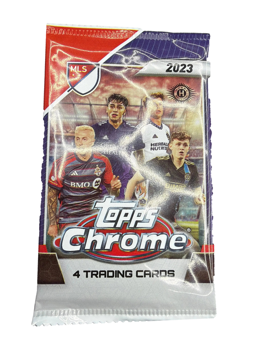 A 2023 Topps MLS Chrome hobby pack featuring four soccer trading cards.