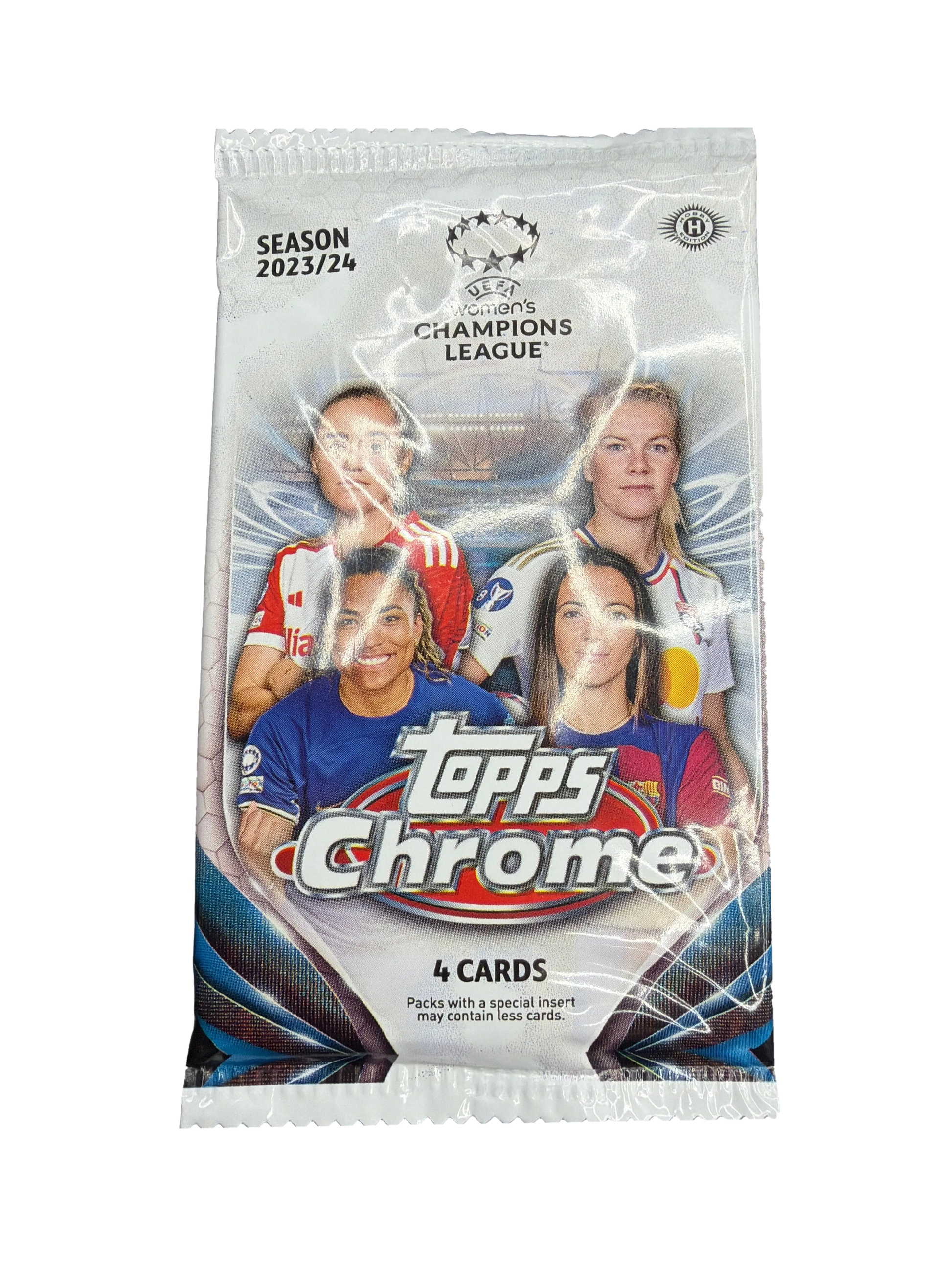 A 2023-24 Topps Chrome UEFA Women's Champions League soccer hobby pack featuring four cards.