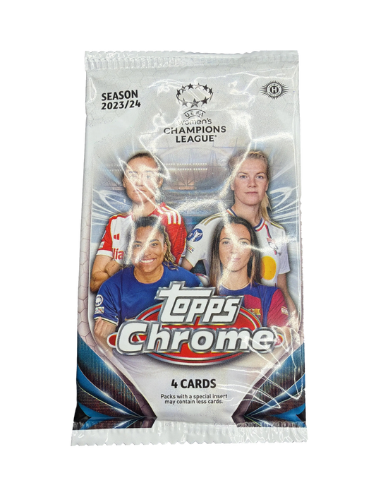 A 2023-24 Topps Chrome UEFA Women's Champions League soccer hobby pack featuring four cards.