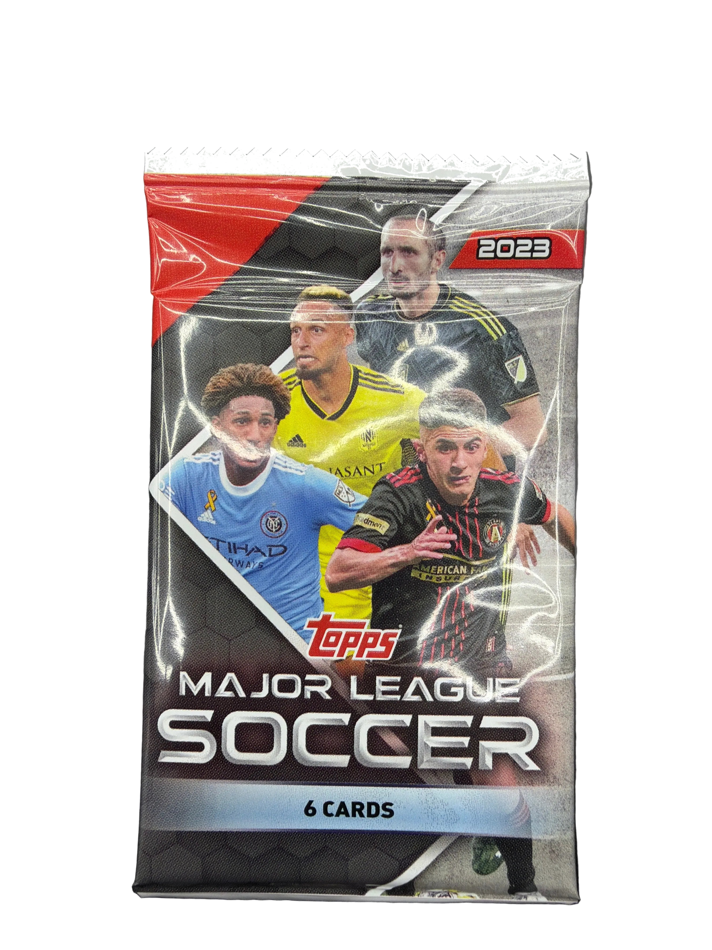 A sealed 2023 Topps Chrome Major League Soccer trading card pack featuring three players.