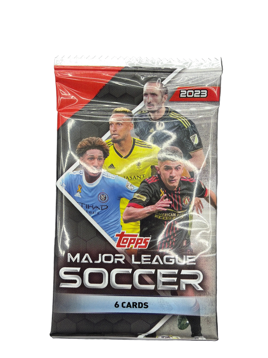 A sealed 2023 Topps Chrome Major League Soccer trading card pack featuring three players.