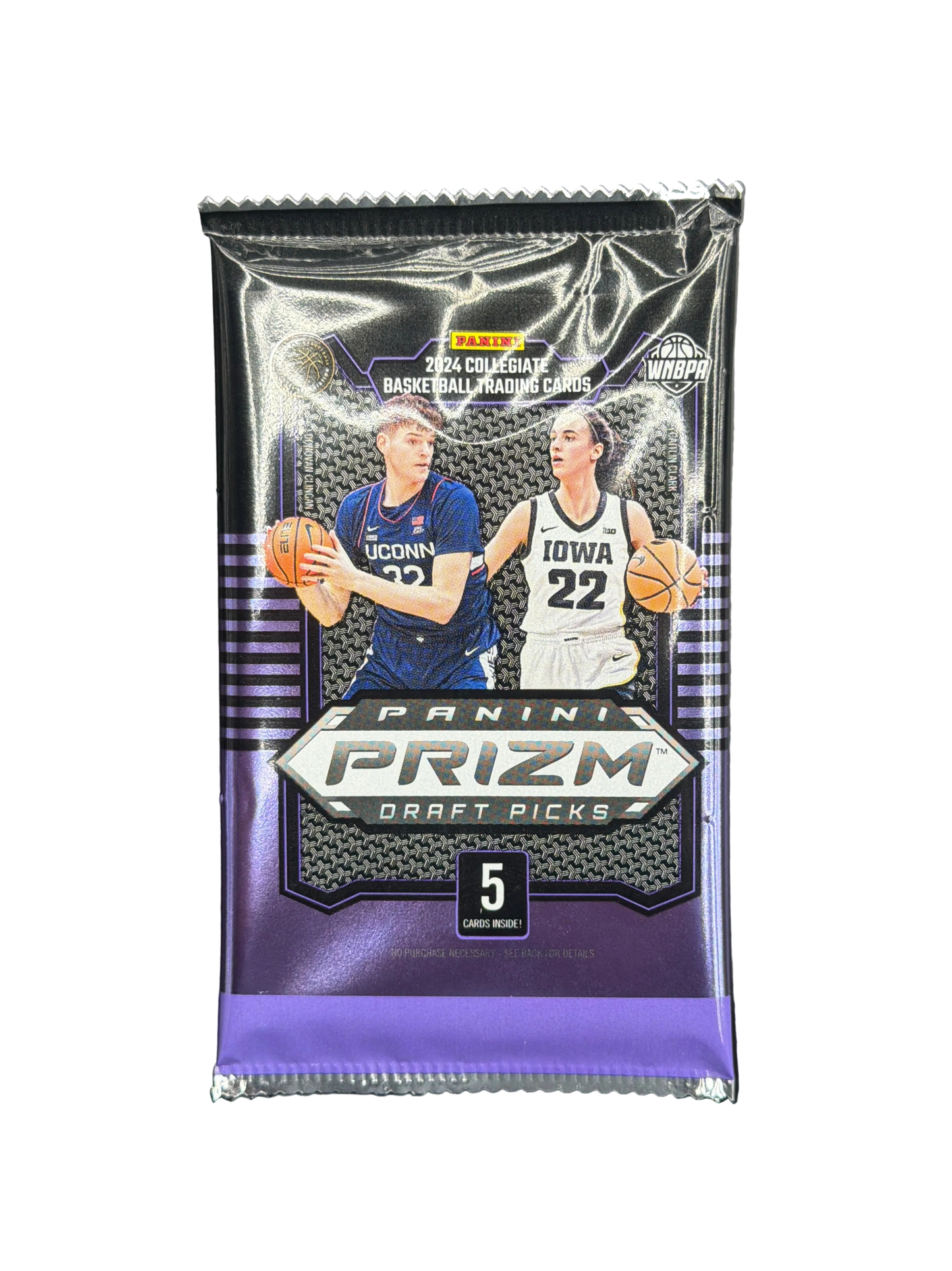 A 2024 Panini Prizm Draft Picks basketball card pack featuring Donovan Clingan and Caitlin Clark.