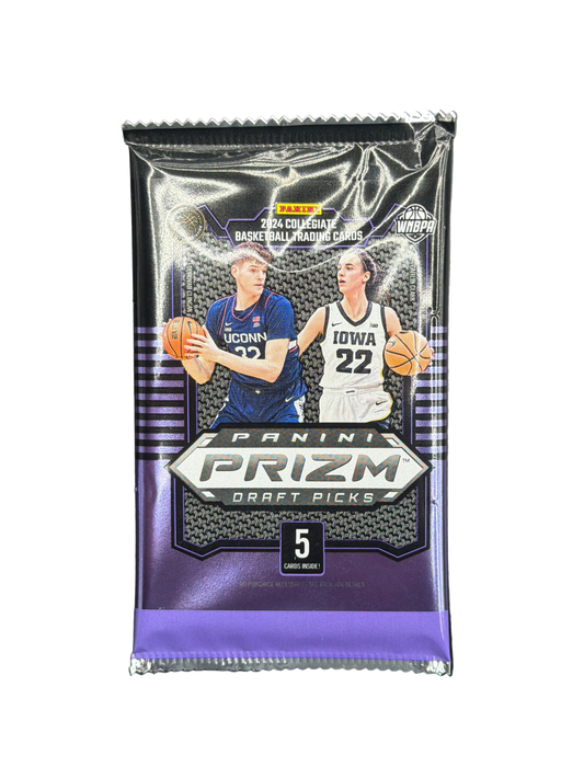 A 2024 Panini Prizm Draft Picks basketball card pack featuring Donovan Clingan and Caitlin Clark.