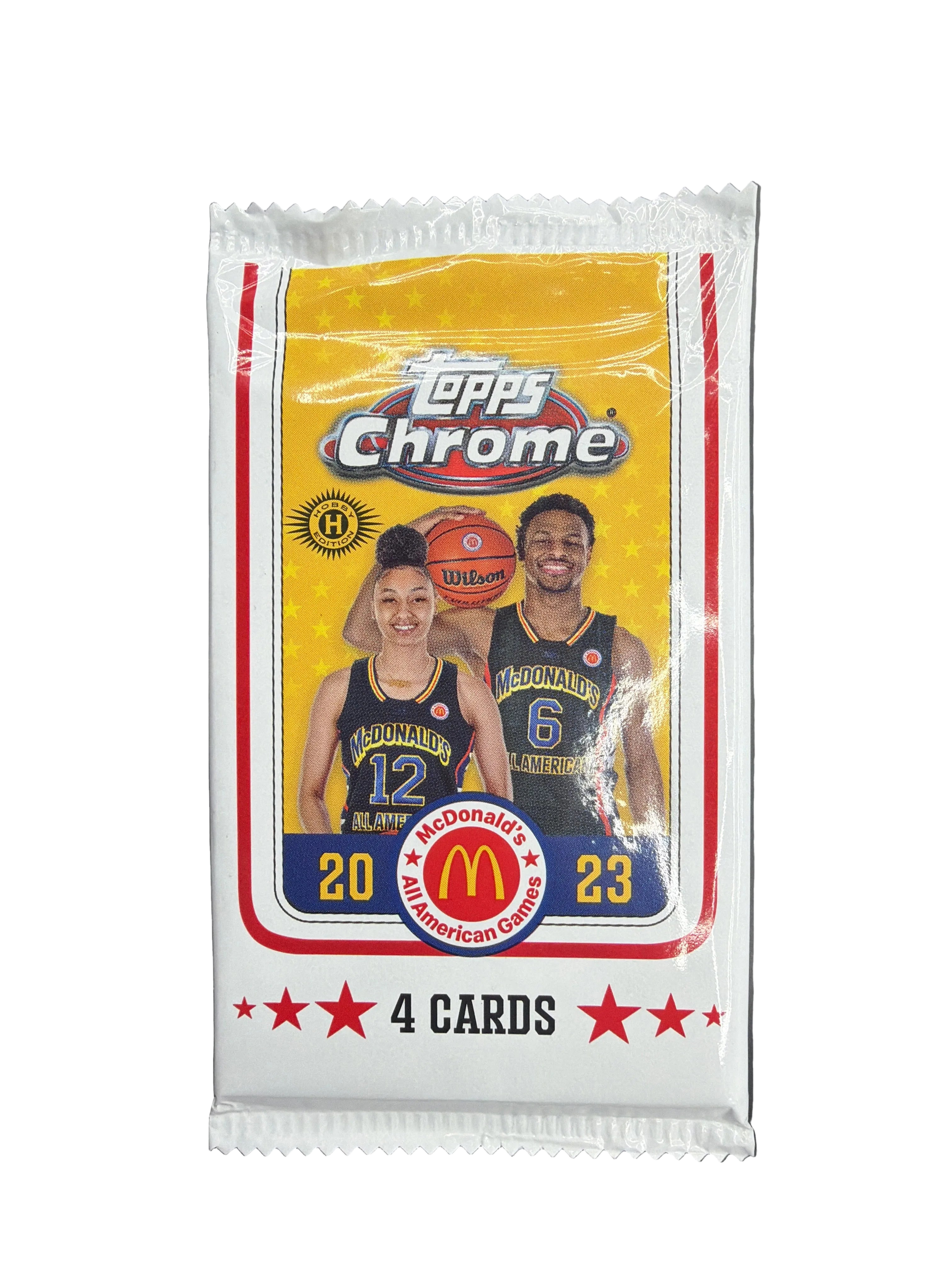 A 2023 Topps Chrome McDonald's All American basketball hobby pack containing four cards.