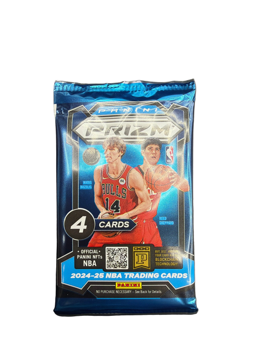 A 2024-25 Panini Prizm basketball trading card pack featuring Matas Buzelis and Reed Sheppard.
