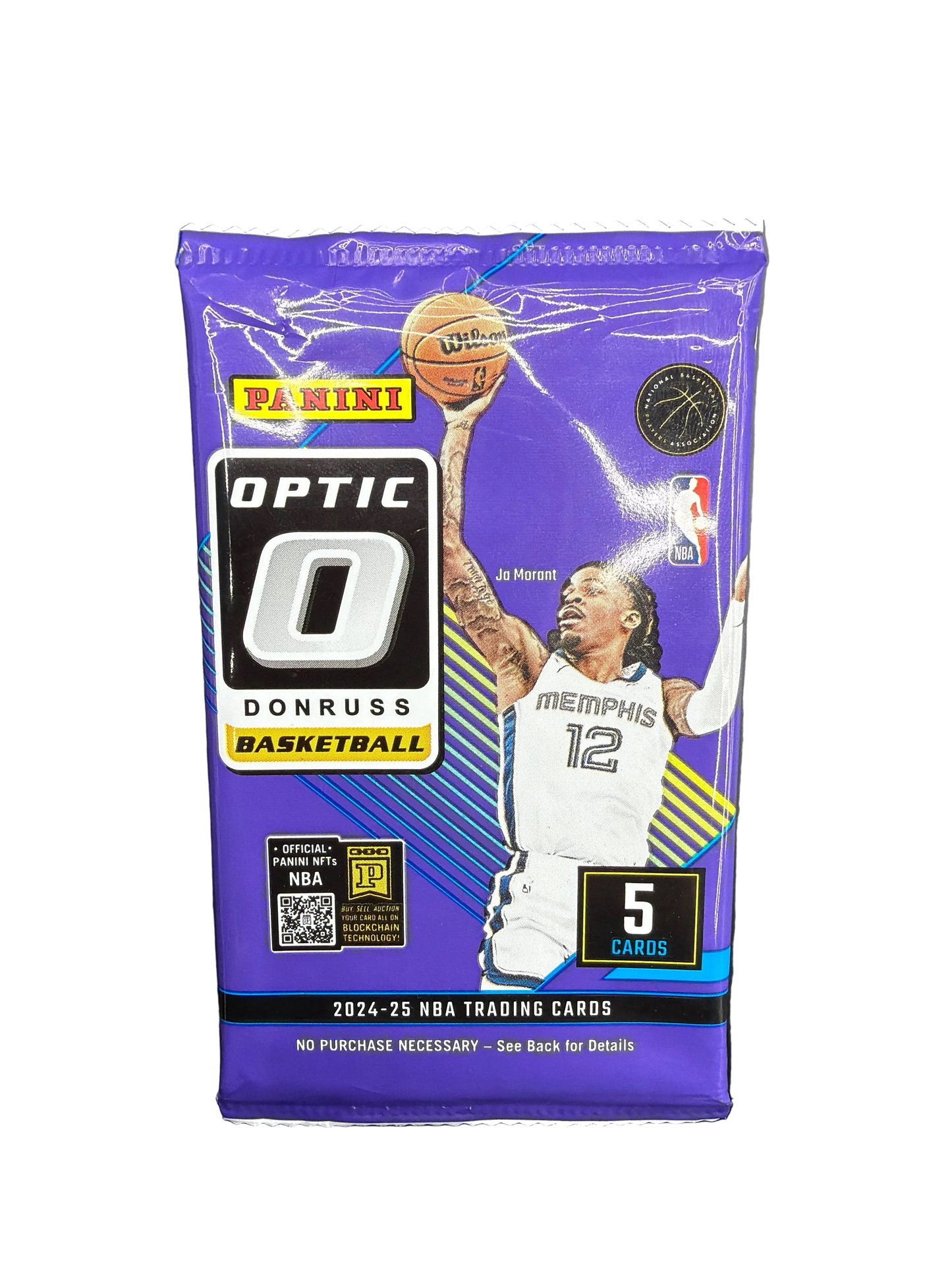 A 2024-25 Donruss Optic basketball card pack featuring Ja Morant on the purple packaging.
