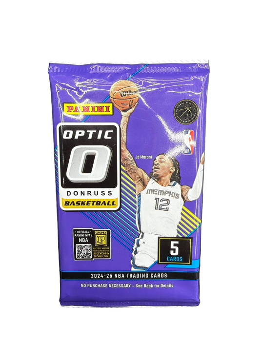 A 2024-25 Donruss Optic basketball card pack featuring Ja Morant on the purple packaging.