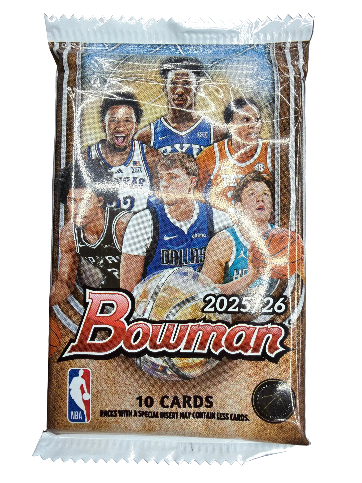 A 2025-26 Topps Bowman basketball card pack featuring a collage of players on the front.