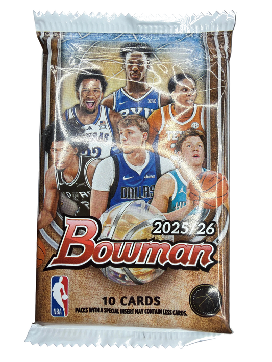 A 2025-26 Topps Bowman basketball card pack featuring a collage of players on the front.