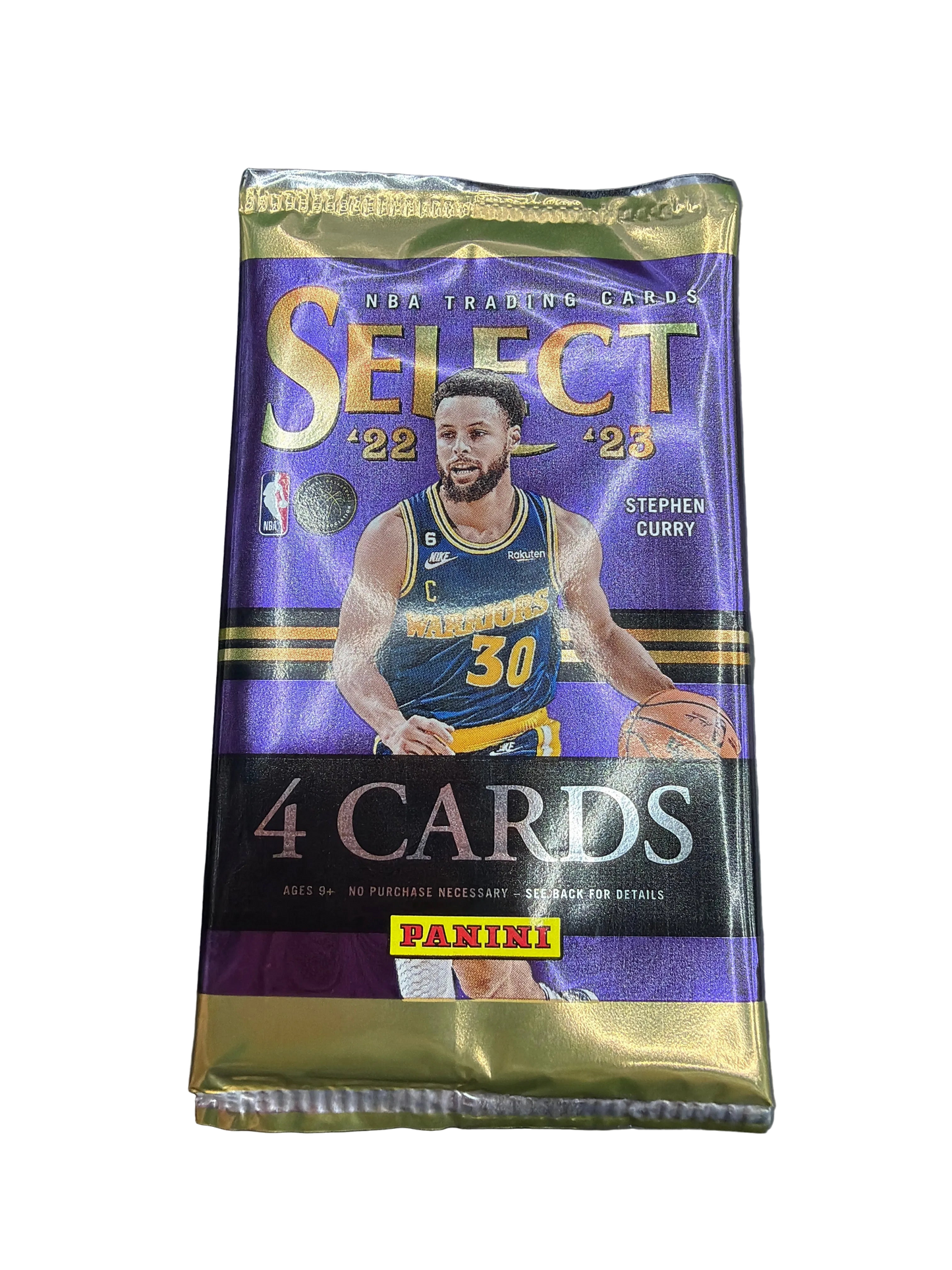 A 2022-23 Panini Select basketball trading card pack featuring Stephen Curry on the wrapper.