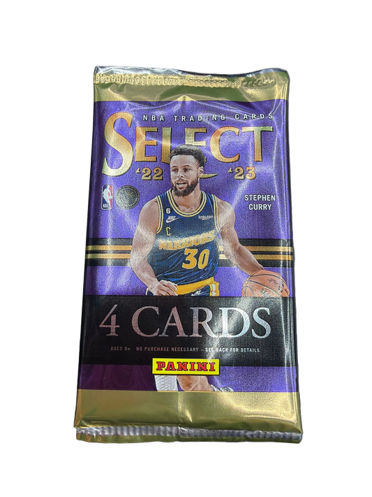 A 2022-23 Panini Select basketball trading card pack featuring Stephen Curry on the wrapper.