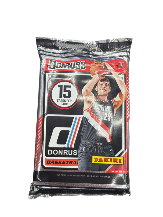 A sealed 2024-25 Donruss basketball trading card pack featuring Donovan Clingan on the front.