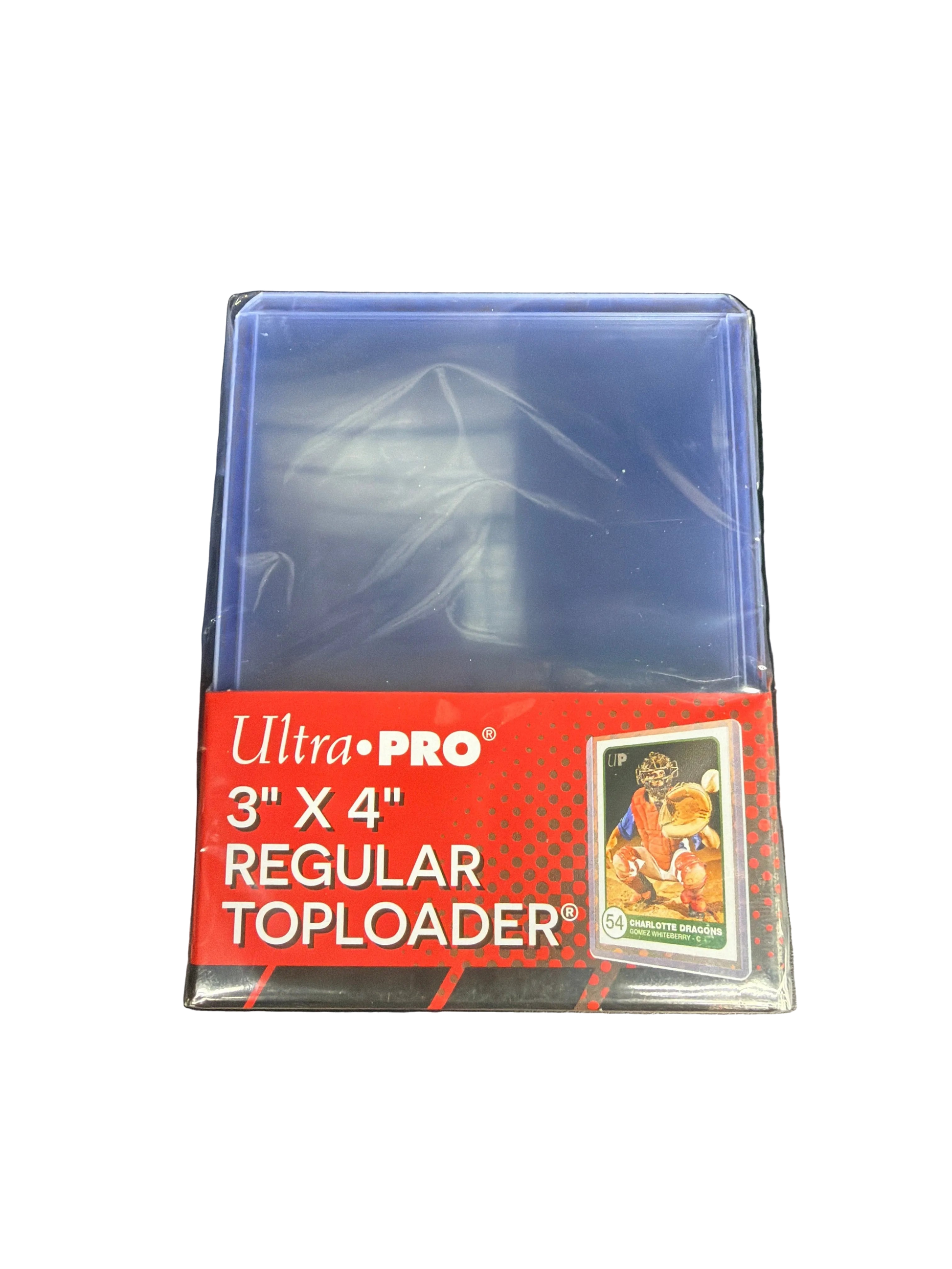 A pack of Ultra Pro 3 by 4 inch regular toploaders for protecting trading cards.