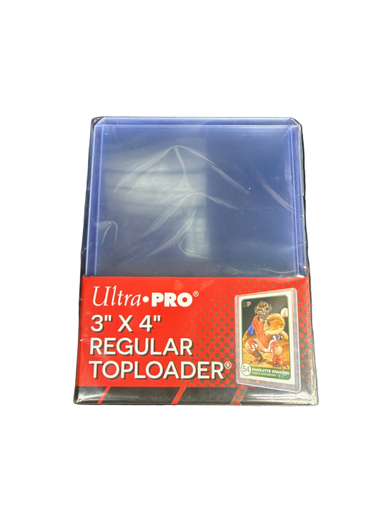 A pack of Ultra Pro 3 by 4 inch regular toploaders for protecting trading cards.
