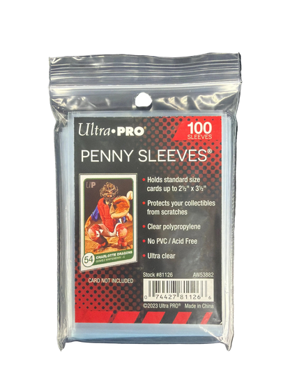 A pack of 100 clear Ultra Pro penny sleeves for protecting standard size trading cards.
