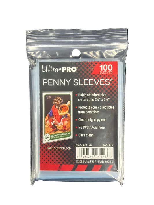 A pack of 100 clear Ultra Pro penny sleeves for protecting standard size trading cards.