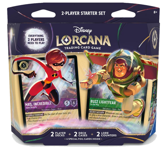 Disney Lorcana Wilds Unknown 2 Player Starter Set featuring Mrs. Incredible and Buzz Lightyear.