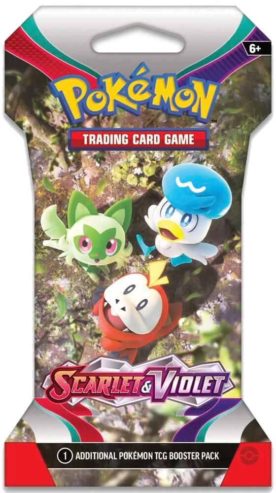 A Pokemon Scarlet and Violet sleeved booster pack featuring Sprigatito, Fuecoco, and Quaxly.