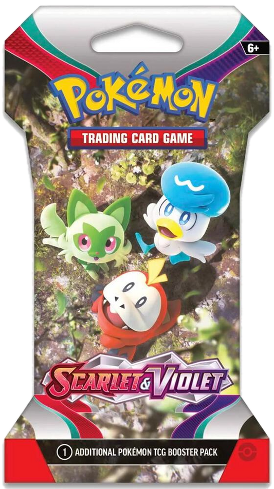 A Pokemon Scarlet and Violet sleeved booster pack featuring Sprigatito, Fuecoco, and Quaxly.