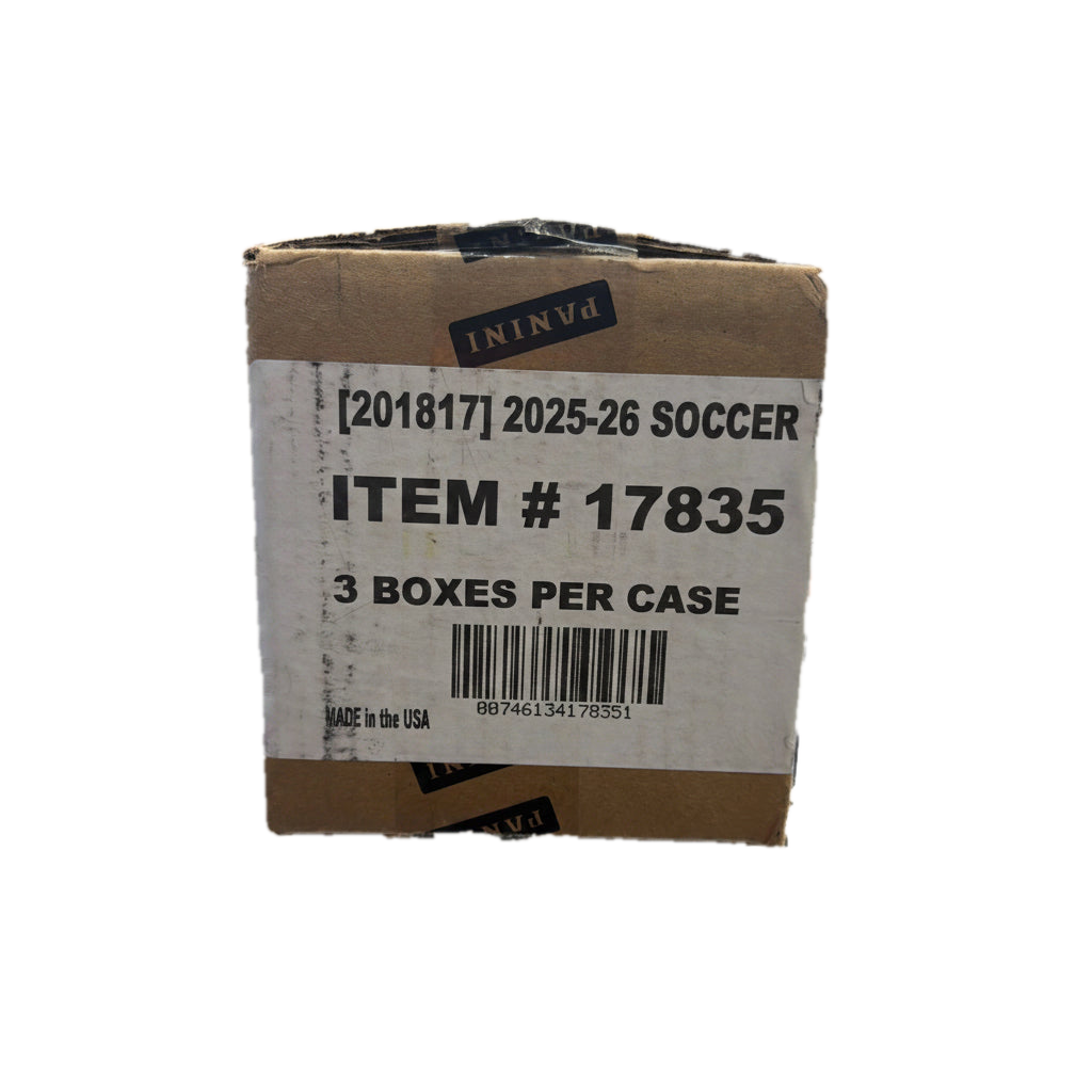 A sealed cardboard case of 2025-26 Panini Noir Road To FIFA World Cup 26 soccer trading cards.