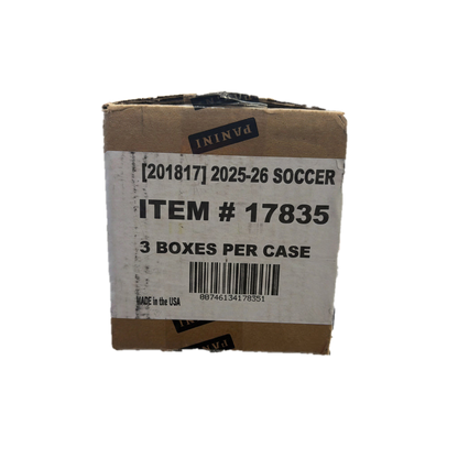 A sealed cardboard case of 2025-26 Panini Noir Road To FIFA World Cup 26 soccer trading cards.