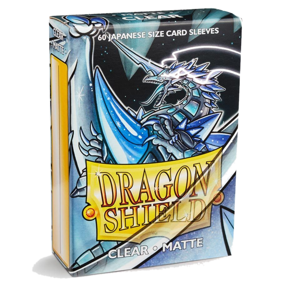 A box of 60 clear matte Japanese size card sleeves featuring a blue dragon illustration.