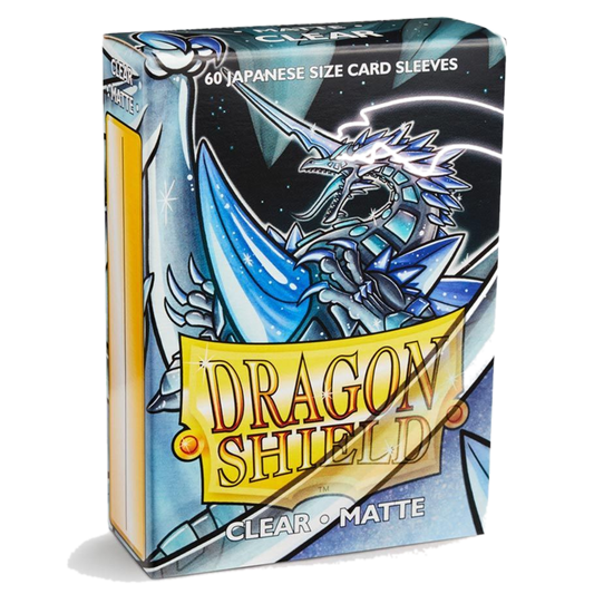 A box of 60 clear matte Japanese size card sleeves featuring a blue dragon illustration.