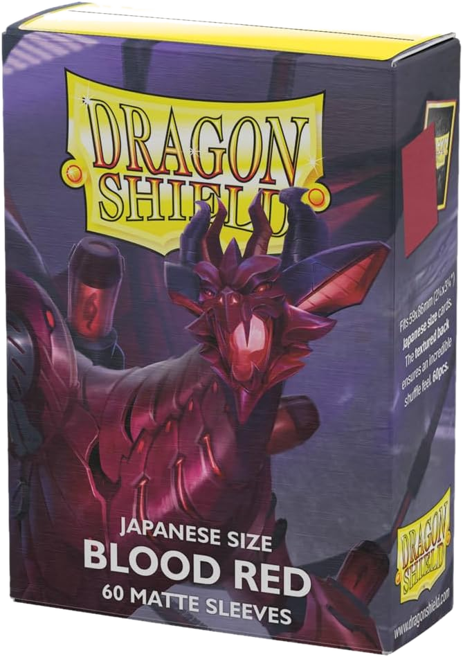 A box of 60 Japanese size Blood Red matte card sleeves featuring a dragon illustration.