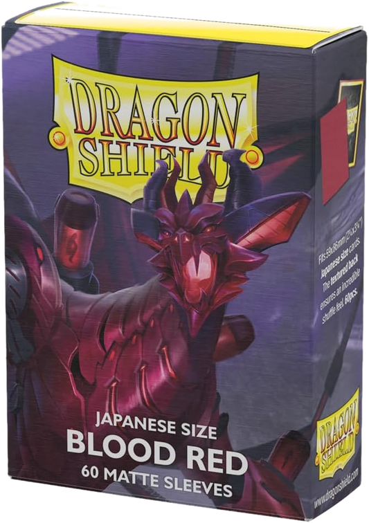 A box of 60 Japanese size Blood Red matte card sleeves featuring a dragon illustration.