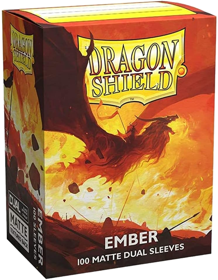 A box of Dragon Shield Ember Dual Matte card sleeves featuring a dragon illustration.