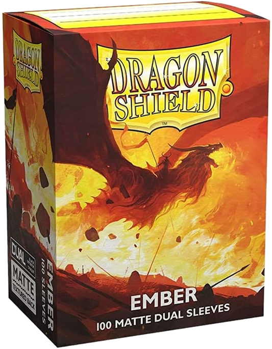 A box of Dragon Shield Ember Dual Matte card sleeves featuring a dragon illustration.