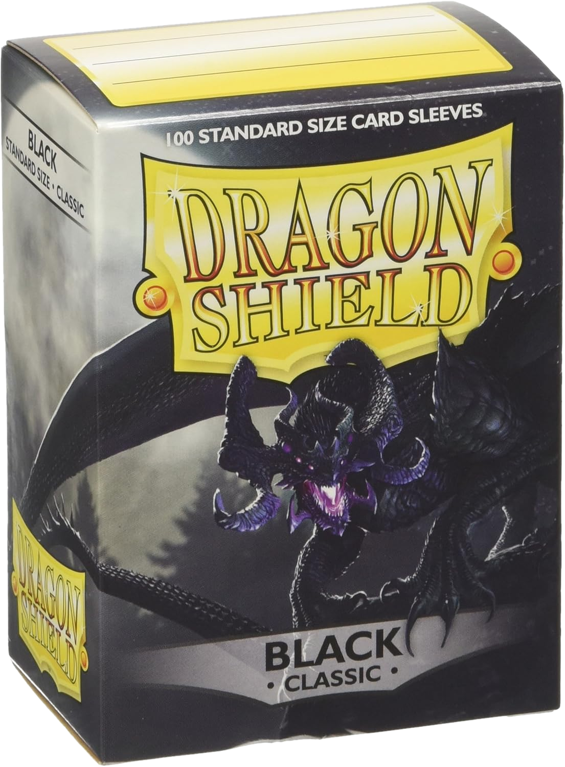 A box of 100 black Dragon Shield classic standard size card sleeves featuring a dragon illustration.