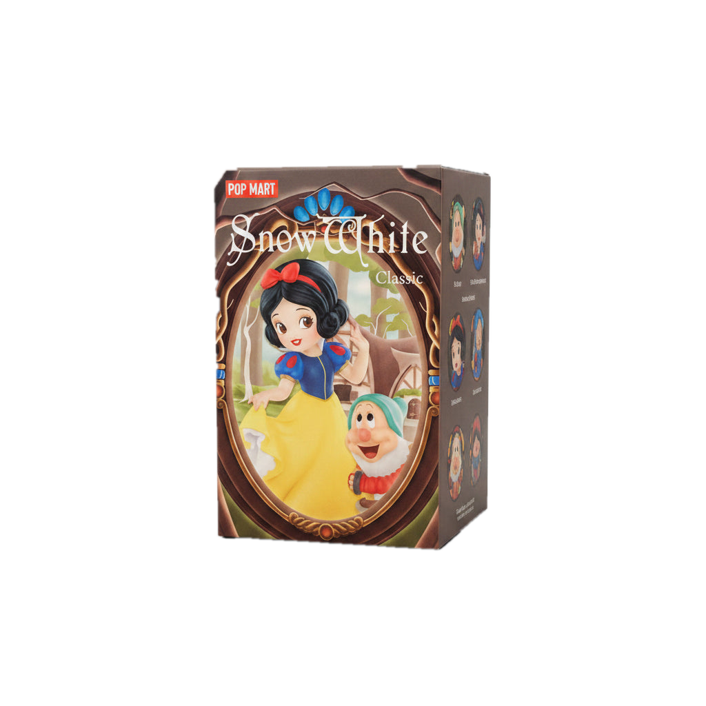A Pop Mart Disney Snow White blind box featuring an illustration of Snow White and Dopey.