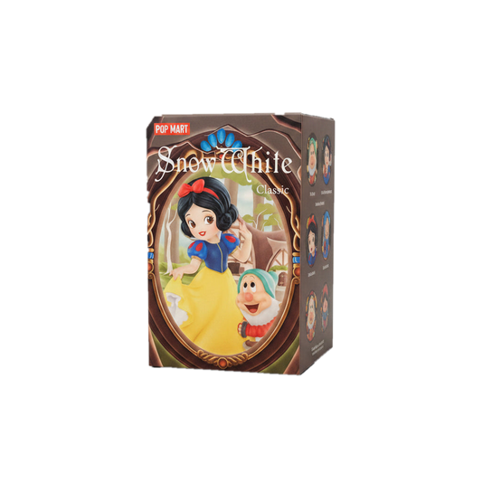 A Pop Mart Disney Snow White blind box featuring an illustration of Snow White and Dopey.