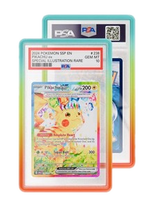 A PSA-graded Pikachu trading card inside a colorful, gradient-bordered protective display case.