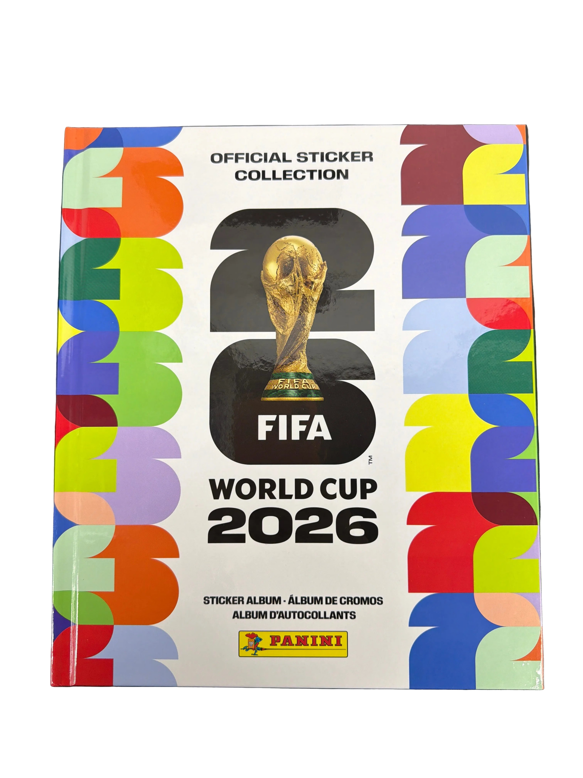 The 2026 Panini FIFA World Cup hardcover sticker album features a colorful graphic design.