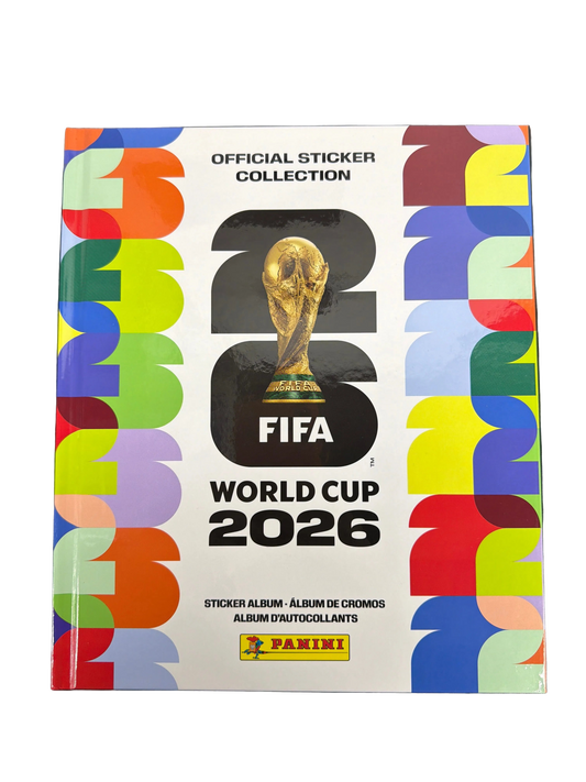 The 2026 Panini FIFA World Cup hardcover sticker album features a colorful graphic design.