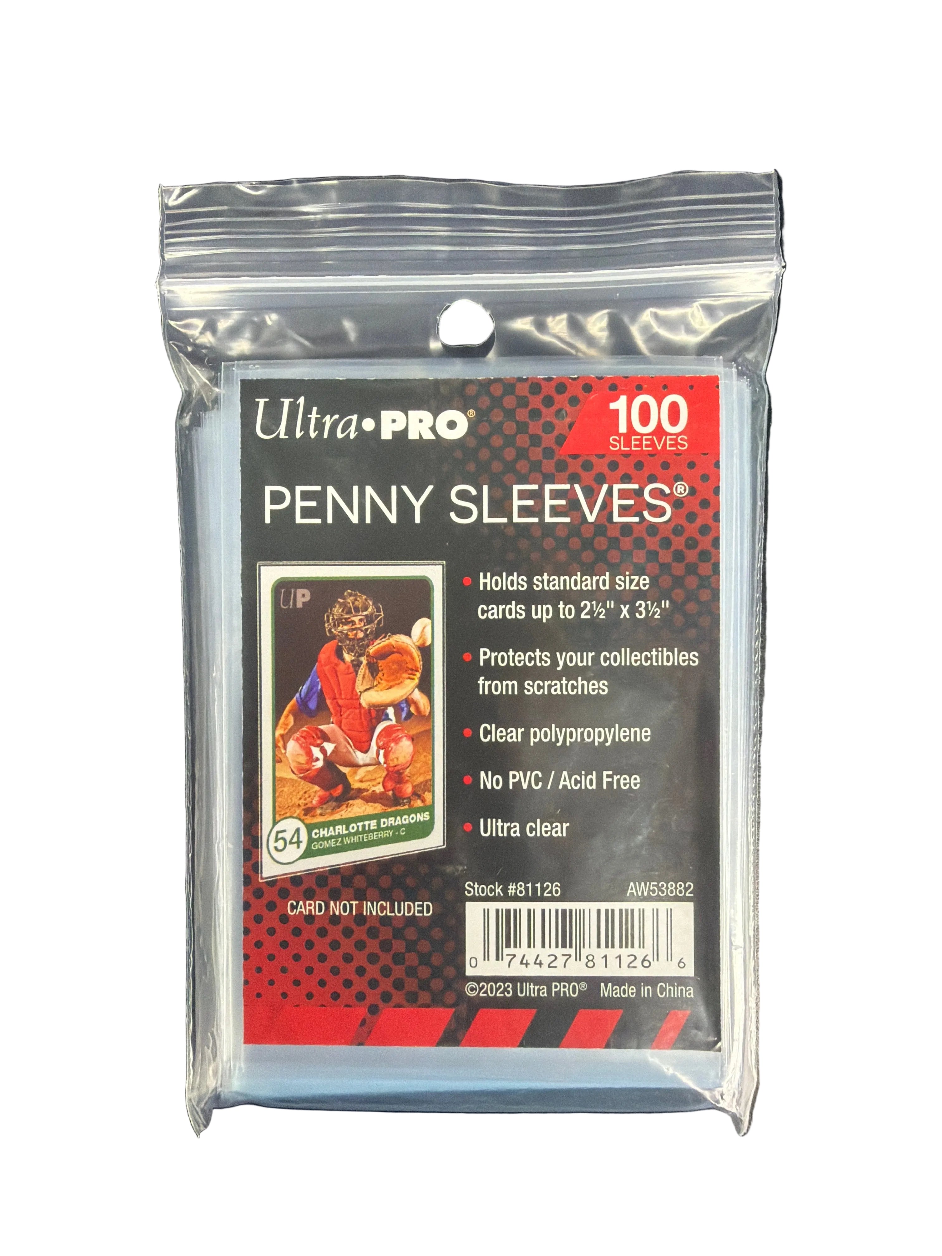 A pack of 100 clear Ultra Pro penny sleeves for protecting standard size trading cards.