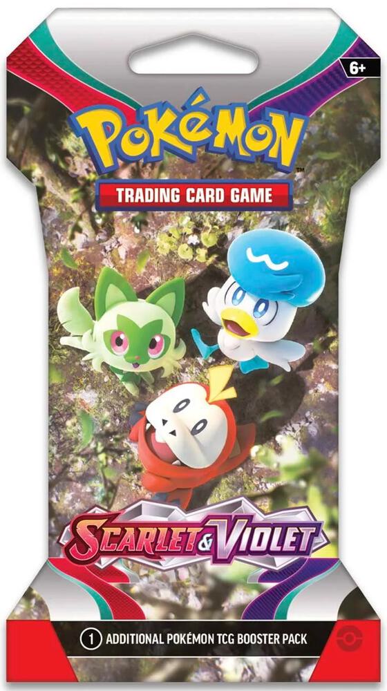 A Pokemon Scarlet and Violet sleeved booster pack featuring Sprigatito, Fuecoco, and Quaxly.