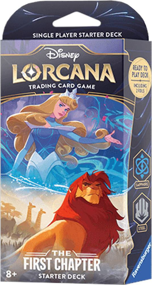 Disney Lorcana The First Chapter Sapphire and Steel starter deck box featuring Aurora and Simba.