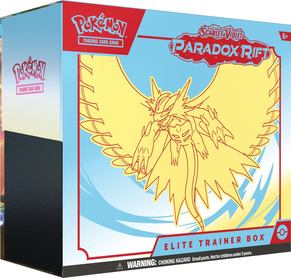 A Pokemon Paradox Rift Elite Trainer Box featuring a yellow illustration of Roaring Moon.