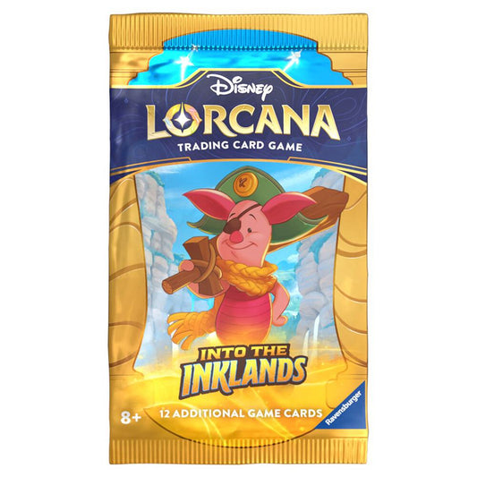 A Disney Lorcana Into the Inklands booster pack featuring Piglet as a pirate on the front.