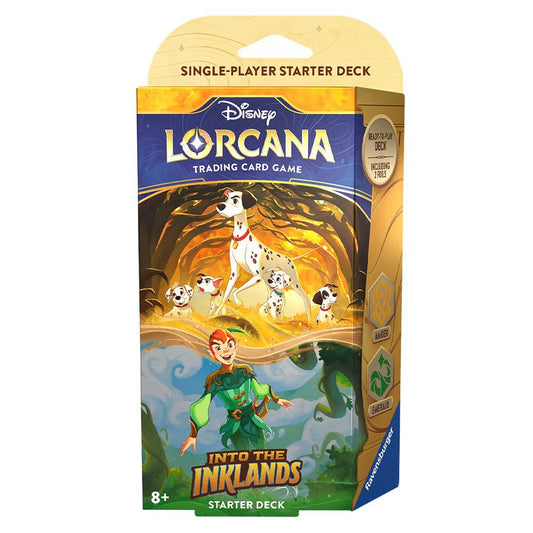 Disney Lorcana Into the Inklands Amber and Emerald starter deck box featuring Pongo and Peter Pan.