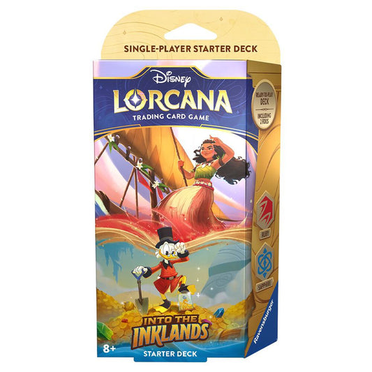 Disney Lorcana Into the Inklands Ruby and Sapphire starter deck box featuring Moana and Scrooge.