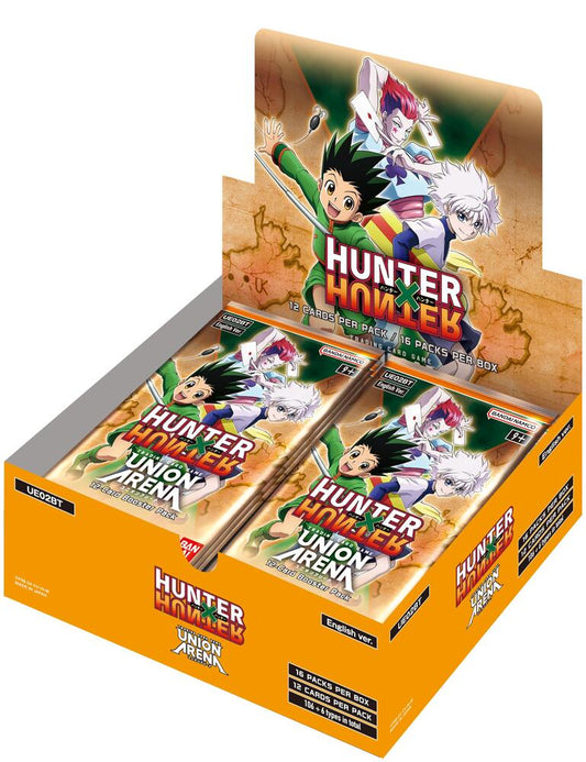 A Hunter x Hunter Union Arena booster box containing sixteen packs of trading cards.
