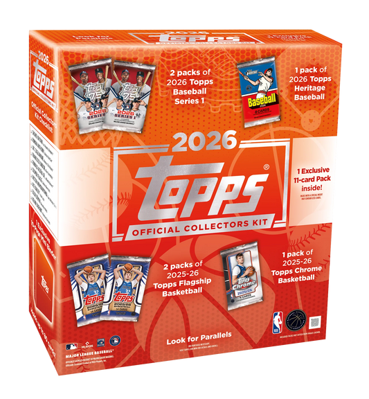 A 2026 Topps Collector Kit box containing assorted baseball and basketball trading card packs.