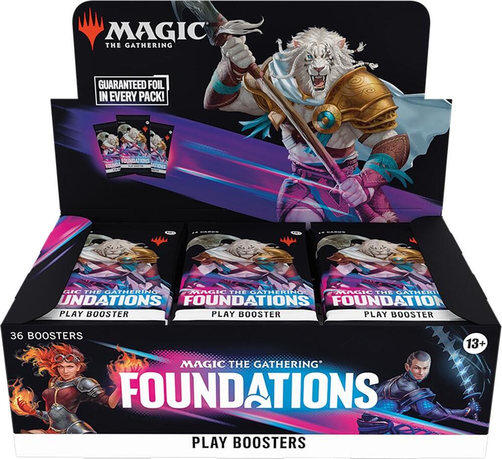 A Magic the Gathering Foundations Play Booster box containing 36 individual card packs.