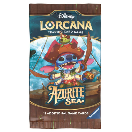 A Disney Lorcana Azurite Sea booster pack featuring Stitch dressed as a pirate.