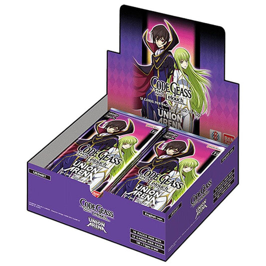 A Code Geass Lelouch of the Rebellion trading card game booster box featuring character art.