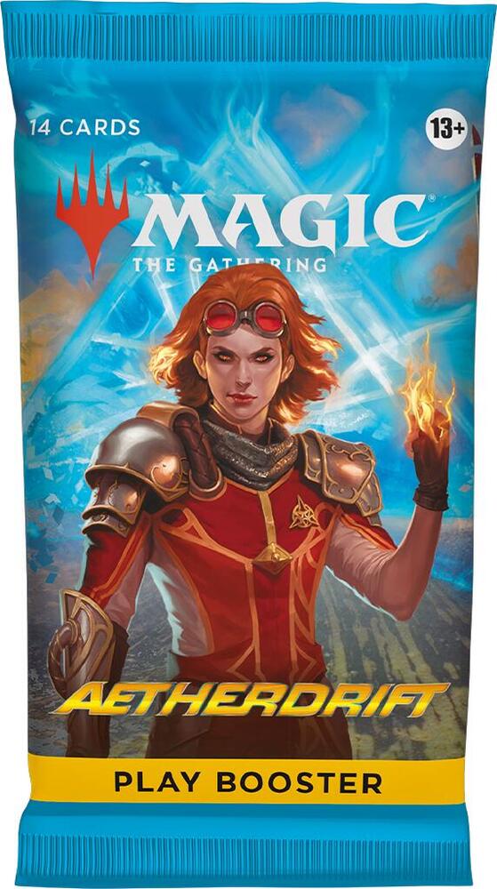 A sealed Aetherdrift Play Booster pack featuring Chandra Nalaar on the front.
